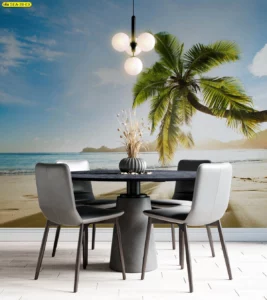 ภาพติดผนังทะเล โดดเด่นต้นปาล์มเอียงริมชายหาด แสงอุ่นยามบ่ายสำหรับมุมทานข้าวคอนโด สร้างความรู้สึกรีสอร์ทสบายตาและเชื่อมธีมธรรมชาติกับเฟอร์นิเจอร์โมเดิร์น