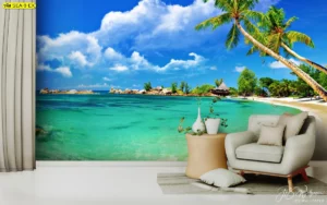 ภาพ วอลเปเปอร์วิวชายหาด โทนฟ้าเขียวใส มะพร้าวริมชายหาด ใช้แต่งมุมพักผ่อนผู้ชายให้โปร่งโล่ง เข้ากับเก้าอี้ผ้าเอิร์ธโทนและโต๊ะไม้อ่อน