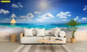 มิวรัลทะเล ท้องฟ้าฟ้าเข้ม แสงอาทิตย์กระจายรัศมี คลื่นน้ำเทอร์ควอยซ์ซัดฝั่งหน้าโซฟาขาว โทนคอสตัลสำหรับห้องรับรอง