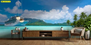 ห้องนั่งเล่นผนังยาวกับวิวทะเลเรือสำราญ โทนฟ้าเทอร์คอยส์ ขยายมิติห้องและเป็นโฟกัสหลักทันที