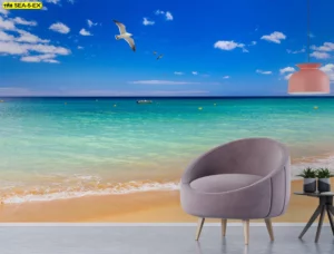 วอลเปเปอร์ภาพวิวทะเล คลื่นฟ้าครามไล่เฉดถึงหาดทรายทอง เหมาะเป็นจุดเด่นผนังหลักในพื้นที่พักผ่อนของบ้านและคอนโด สื่อความสดชื่นและเพิ่มมิติห้องอย่างเป็นธรรมชาติ
