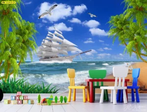 วอลเปเปอร์ห้องเด็กลายทะเล ผนังเรือใบริมทะเล สำหรับคาเฟ่ครอบครัวและโซนเล่น รับพิมพ์สติ๊กเกอร์กระจก 3M เข้าธีมหน้าร้าน