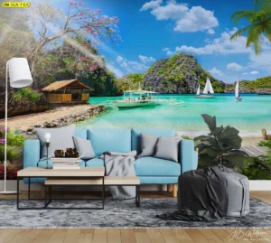 วอลเปเปอร์ภาพเกาะเขตร้อนตกแต่งห้องรับแขกครอบครัววัยทำงาน โซฟาสีฟ้าอ่อนสร้างบรรยากาศผ่อนคลายคลายเครียด