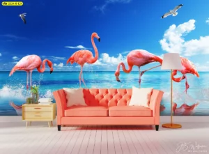 วอลเปเปอร์ธีมทะเล ลายฟลามิงโกกลางทะเลหลังโซฟาโทนพีช สร้างมุมถ่ายรูปโดดเด่นสำหรับห้องรับรองที่พักให้เช่า