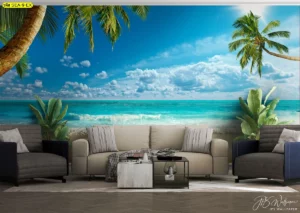 วอลเปเปอร์ภาพทะเลติดผนังห้องรับแขกเข้ากับโซฟาเทาและครีม ช่วยสร้างบรรยากาศผ่อนคลายและสดชื่นทุกวัน