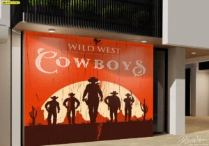 วอลเปเปอร์ภาพศิลปะ Wild West Cowboys สั่งพิมพ์ผ้าแคนวาสขนาดใหญ่ติดตั้งในร้านค้าสไตล์โมเดิร์นอินดัสเตรียลเพื่อสร้างจุดดึงดูดสายตา