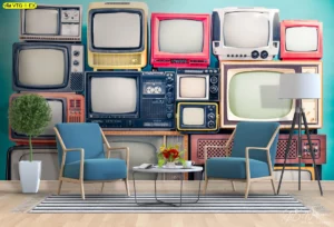 รูปภาพตกแต่งห้องแนววินเทจโบราณลวดลายทีวีเก่าหลากสี ตกแต่งห้องนั่งเล่นสไตล์เรโทร เหมาะสำหรับนักสะสมสื่อบันเทิงยุคเก่า