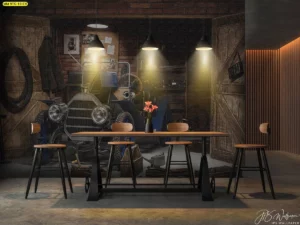 วอลเปเปอร์ผ้าแคนวาสรถคลาสสิกในโรงรถเก่าสไตล์อุตสาหกรรม เหมาะสำหรับตกแต่งร้านอาหารโทนเข้ม