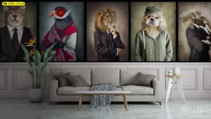 ภาพศิลปะโบราณสั่งทำตกแต่งบ้านลวดลายสัตว์ป่าในชุดสูทแฟชั่นโมเดิร์น ตกแต่งห้องรับแขกสไตล์เซอร์เรียล แสดงการผสมผสานระหว่างธรรมชาติและอารยธรรมสมัยใหม่