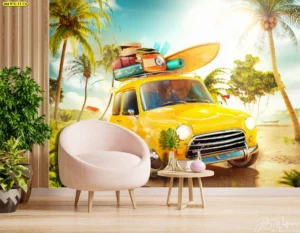 วอลเปเปอร์ลายรถ แวนฮิปปี้สีเหลืองบนฉากหลังชายหาดทรอปิคัลพร้อมต้นมะพร้าว สร้างบรรยากาศสบายๆ แบบโบฮีเมียน