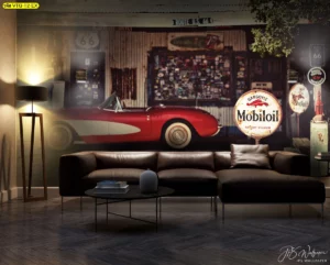 ห้องนั่งเล่นสไตล์อุตสาหกรรมตกแต่งด้วยภาพรถสปอร์ตแดงคลาสสิกและป้ายน้ำมันวินเทจ สร้างบรรยากาศโรงรถอเมริกัน