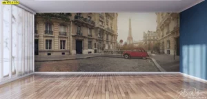 ภาพวิวรถคลาสสิกสีแดงบนถนนหินสไตล์ฝรั่งเศสพร้อมหอไอเฟล สำหรับตกแต่งร้านอาหารฝรั่งเศสและคาเฟ่บิสโทรสไตล์ยุโรป