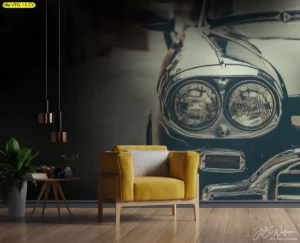 รูปติดผนังรถคลาสสิกสีน้ำเงินเข้มโฟกัสที่ไฟหน้า สร้างบรรยากาศลึกลับและหรูหราเหมาะสำหรับร้านอาหารสไตล์โมเดิร์นและบาร์คาเฟ่