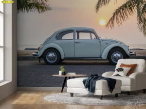 วอลเปเปอร์ภาพรถคลาสสิก สีฟ้าริมทะเลช่วงพระอาทิตย์ตก สำหรับตกแต่งโซนพักผ่อนสไตล์บีช