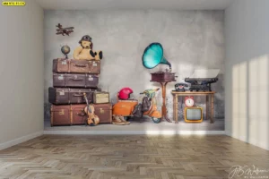 วอลเปเปอร์ศิลปะเรโทร วินเทจลวดลายของสะสมเดินทางแบบโบราณ ตกแต่งห้องเด็กสไตล์วินเทจ