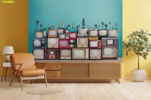 ภาพงานศิลปะติดผนังสไตล์วินเทจลวดลายทีวีโบราณหลากสีหลายรุ่น ตกแต่งห้องนั่งเล่นแนวเรโทรป็อป สำหรับผู้หลงใหลในประวัติศาสตร์เทคโนโลยี