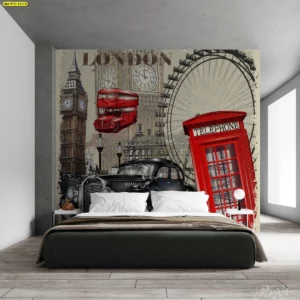 วอลเปเปอร์ตกแต่งหัวเตียงลายรถคลาสสิกกับสัญลักษณ์อังกฤษวินเทจ บิ๊กเบน กล่องโทรศัพท์แดง สร้างบรรยากาศห้องนอนสไตล์ยุโรป