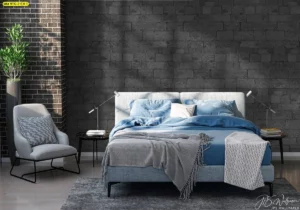 ภาพติดผนังห้องนอนโมเดิร์น ลายอิฐเทาดำ วอลเปเปอร์ลวดลายเรโทร ตกแต่งผนังหลังเตียงสไตล์อินดัสเทรียล