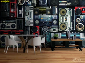 ภาพงานศิลปะติดผนังสไตล์วินเทจลวดลายเครื่องเสียงเรโทร ตกแต่งห้องทำงานแนวอินดัสเตรียล สำหรับผู้หลงใหลในเทคโนโลยีดนตรียุคเก่า