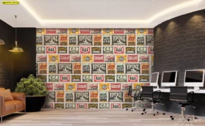 ตกแต่งห้องแนววินเทจโบราณลวดลายป้ายโฆษณาอเมริกันคลาสสิก ห้องทำงานสไตล์อุตสาหกรรม ภาพป้ายโฆษณารถยนต์และน้ำมันเบนซินยุค 1950-1960 สำหรับนักสะสมโบราณคดี