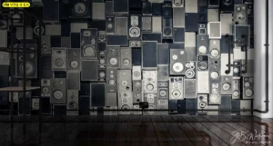 วอลเปเปอร์ศิลปะเรโทร วินเทจลวดลายเครื่องเสียงโมโนโครมสีดำขาว ตกแต่งห้องว่างสไตล์มินิมอล สำหรับนักสะสมเทคโนโลยีดนตรีวินเทจที่ชื่นชอบความเรียบง่ายแต่มีเอกลักษณ์