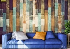 วอลเปเปอร์ลวดลายเรโทร สไตล์วินเทจ ลวดลายไม้หลากสี โทนน้ำเงินเขียวน้ำตาล ตกแต่งห้องนั่งเล่นโมเดิร์น