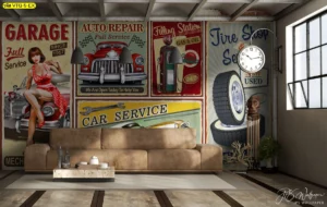 วอลเปเปอร์ลายรถ ห้องนั่งเล่นธีมโรงรถอเมริกันตกแต่งด้วยป้ายโฆษณาวินเทจและภาพรถเก่า สร้างบรรยากาศแมนเคฟสุดเท่ห์