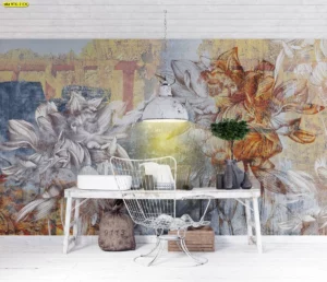 ภาพวิววอลเปเปอร์ผ้าแคนวาส ลายดอกไม้ศิลปะ โทนสีน้ำตาลส้มฟ้า ห้องนั่งเล่นสไตล์ธรรมชาติ