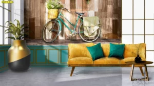 วอลเปเปอร์เรโทรวินเทจ ภาพจักรยานสไตล์ย้อนยุค แต่งห้องนั่งเล่นโทนสีเข้ากัน