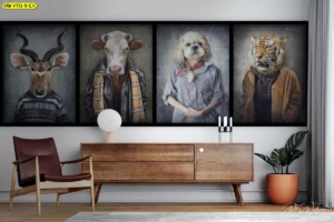 วอลเปเปอร์ศิลปะเรโทร สั่งทำตกแต่งบ้านลวดลายสัตว์ในชุดสูทคลาสสิก ตกแต่งห้องรับแขกสไตล์ยุโรป แสดงถึงความเป็นสุภาพบุรุษแบบโบราณ