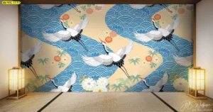 ผนังสไตล์ญี่ปุ่นลายนกกระเรียนเหนือคลื่นสีน้ำเงิน มีดอกไม้และไผ่ จัดแสงโคมกระดาษสองข้าง สื่อบรรยากาศสงบผ่อนคลาย