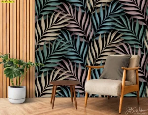 มุมนั่งรอในร้านอาหารกับลายใบปาล์มโทนเข้ม คู่ผนังไม้แนวตั้ง เพิ่มฉากหลังถ่ายภาพที่หรูละมุน