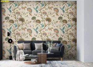 ภาพผนังเลานจ์ลายนกและดอกไม้ โทนอุ่นแนวพฤกษา สร้างบรรยากาศอบอุ่นและเชิญชวน