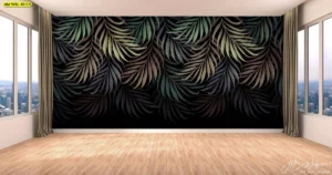 วอลเปเปอร์ใบปาล์มห้อยชั้นโทนเขียวน้ำเงินบนพื้นดำ เต็มผนังห้องวิวเมือง ใช้เป็นฉากหลังฟีเจอร์เรียบหรู