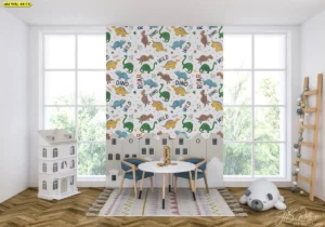 ภาพผนังมุมเด็กในคาเฟ่ลายไดโนเสาร์ โทนสดใส เหมาะกับโซนกิจกรรมครอบครัว