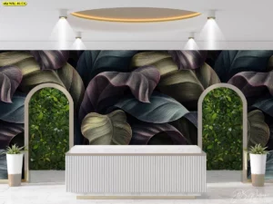 ภาพวอลเปเปอร์ลายใบไม้ทรอปิคอลโทนเข้ม ติดหลังเคาน์เตอร์ต้อนรับ สร้างฟีเจอร์วอลล์ลุ่มลึกสำหรับรีเซปชันโรงแรม