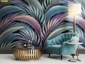 เลานจ์รีสอร์ตตกแต่งลาย Twilight Tropics โทนม่วงน้ำเงินเขียว สร้างอารมณ์ยามค่ำสงบและพรีเมียม