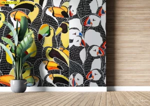 วอลเปเปอร์นกทูแคนและนกแก้วสีสันสดใสบนพื้นหลังลายจุดขาวดำสำหรับตกแต่งห้องอาหารสไตล์เขตร้อนที่เหมาะกับคนรักธรรมชาติ