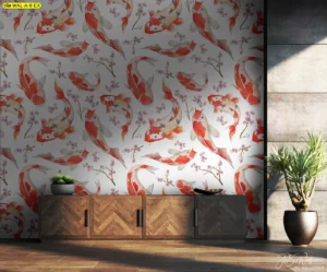 ห้องนั่งเล่นสไตล์เอเชียนวอลเปเปอร์ลายปลาคาร์พสีแดงทองกิ่งซากุระชมพูตู้ไม้น้ำตาลพื้นหินอ่อนสร้างความมงคล