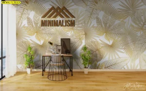 วอลเปเปอร์ใบไม้สีทอง ตกแต่งห้องนั่งเล่นสไตล์โมเดิร์นหรูหราพร้อมโซฟาสีฟ้าและเก้าอี้หวายธรรมชาติ