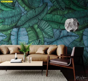 วอลเปเปอร์ลายใบไม้เส้นสายสีเขียวฟ้าสไตล์มินิมอลอาร์ตตกแต่งห้องนั่งเล่นพร้อมโซฟาหนังสีน้ำตาล