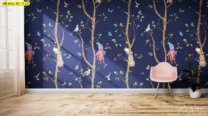 วอลเปเปอร์ภาพนก ลายต้นไม้และนกเขตร้อนสีสันสดใสบนพื้นหลังสีน้ำเงินเข้มสำหรับตกแต่งห้องนั่งเล่นสไตล์ธรรมชาติที่เหมาะกับคนรักสัตว์และธรรมชาติ