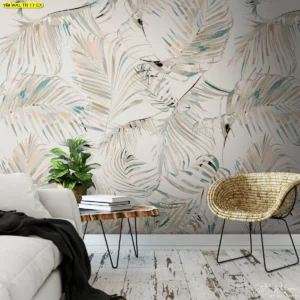 ห้องทำงานสไตล์มินิมอลหรูหราใช้วอลเปเปอร์ลายใบไผ่สีทองผ้าแคนวาสพร้อมโต๊ะทำงานไม้และเก้าอี้โลหะโมเดิร์น