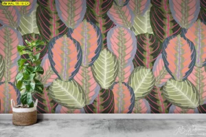 ภาพศิลปะใบไม้หลากสีโทนส้มชมพูเขียว ตกแต่งพื้นที่นั่งอ่านสไตล์โบฮีเมียนโมเดิร์นพร้อมกระถางต้นไม้และเก้าอี้สีขาว