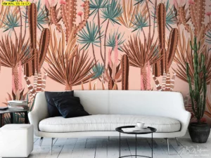 วอลเปเปอร์ใบไม้โทนร้อน ลายกระบองเพชรและพืชทะเลทรายโทนคอรัลพีชอบอุ่น ตกแต่งห้องนั่งเล่นสไตล์เซาท์เวสเทิร์นโบฮีเมียนพร้อมโซฟาขาว