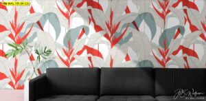 วอลเปเปอร์ใบไม้หลากสีสัน ลายใบไผ่สีแดงขาวตกแต่งห้องนั่งเล่นที่มีโซฟาสีดำและพื้นไม้สีอ่อนสไตล์มินิมอล