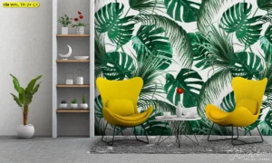 วอลเปเปอร์ลายใบมอนสเตอราสีเขียวขาวตกแต่งห้องนั่งเล่นสไตล์โมเดิร์นพร้อมเฟอร์นิเจอร์สีเหลืองสดใส