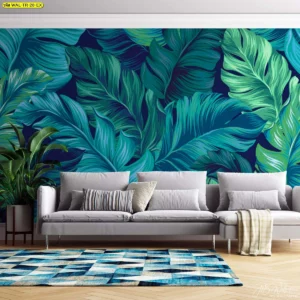 วอลเปเปอร์ลายใบไม้สีเขียว น้ำเงินไล่เฉด แนวจิตรกรรม ตกแต่งห้องนั่งเล่นสไตล์คอนเทมโพรารี่อาร์ต