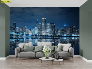 ภาพติดผนังวิวเมืองใหญ่แบบพาโนรามาสไตล์คอนเทมโพรารี่ ห้องนั่งเล่นโทนสีเขียวมิ้นท์ พร้อมโซฟาสีเทาและโต๊ะกาแฟโมเดิร์น