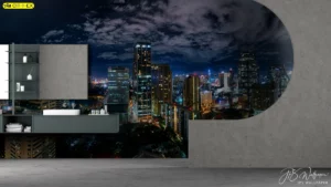 วอลเปเปอร์ห้องน้ำโมเดิร์นสไตล์ลอฟท์ ภาพวิวเมืองใหญ่ยามค่ำคืนสีน้ำเงิน-เทา ตกแต่งเข้ากับบิ้วท์อินปูนเปลือยสีเทาเข้ม